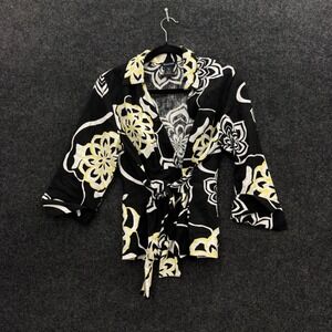 Yarns & Stitches Womens Y2K Linen Wrap Top Black Yellow Floral Mandala Size M
